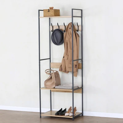Perchero Zapatero Vertical 3 Estantes 5 Ganchos, 60x40x175 Cm, Negro y Madera