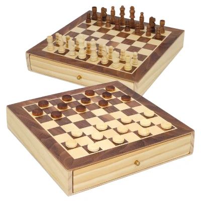 Juego 2 en 1 Ajedrez y Damas de Madera con Cajón, 30x30x5,5 Cm, Marrón y Blanco