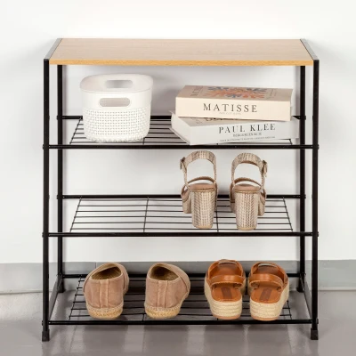 Zapatero Metálico 4 Estantes, 63x30x63 Cm, Negro y Madera