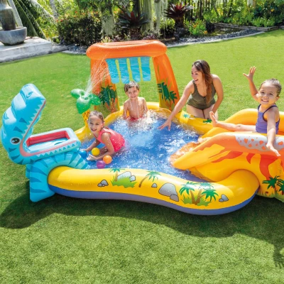 Centro de Juegos Hinchable con Tobogán Acolchado y Dinosaurio, 249x191x109 Cm, Azul