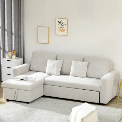 HOMCOM Divano Letto Angolare con Penisola Contenitore Crema