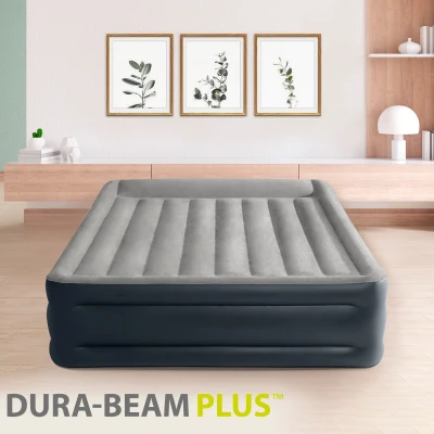 Colchón Hinchable Doble Fiber-Tech Dura-Beam Plus, 152x203x42 Cm, Azul Marino y Gris
