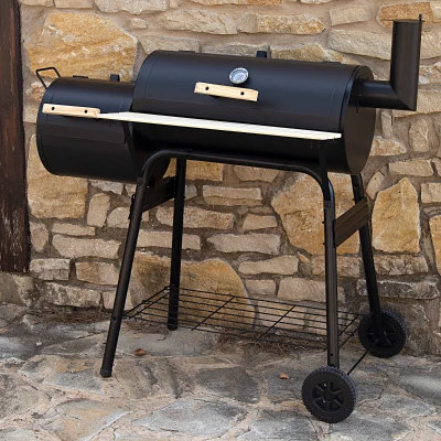 Barbacoa de Carbón Portátil Aktive, Ahumador con Termómetro y Ruedas, 116x61x106 Cm, Negro
