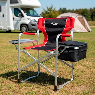 Silla Camping Director Plegable con Mesa y Bolsa Térmica, 61x52x92 Cm, Rojo y Gris