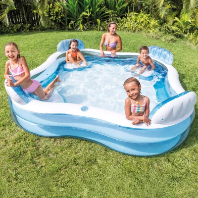 Piscina Hinchable Familiar 4 Asientos con Respaldo y 2 Posavasos, 229x229x66 Cm, Azul