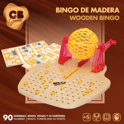 Bingo de Madera CB Games con 90 Bolas y 24 Cartones, 27x32x13 Cm, Madera
