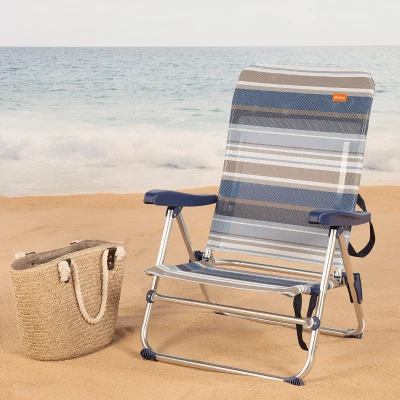 Silla de Playa Plegable Baja 5 Posiciones, 47x50x85 Cm, Azul y Gris