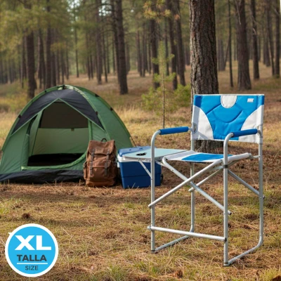 Silla de Director Plegable XL con Mesa Lateral y Reposapiés, 58x57x103 Cm, Azul y Gris