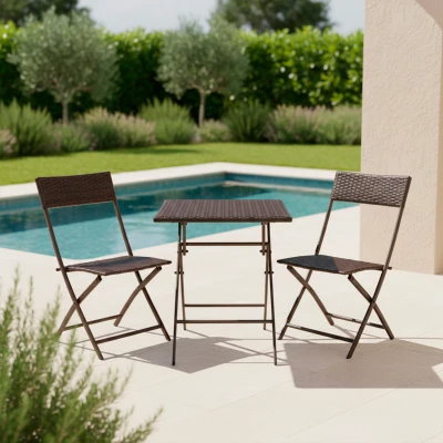 Conjunto Mesa y Sillas para Terraza Plegables de Ratán Sintético, 60x60x72 Cm, Marrón