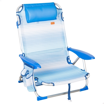 Silla Baja de Playa Plegable Reclinable 4 Posiciones con Cojín y Bolsillo, 64x11x64 Cm, Azul a Rayas