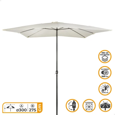 Parasol Cuadrado con Manivela y Mástil de Aluminio, 300x300x275 Cm, Crema