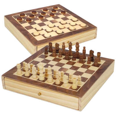 Juego 2 en 1 Ajedrez y Damas de Madera con Cajón, 30x30x5,5 Cm, Marrón y Blanco