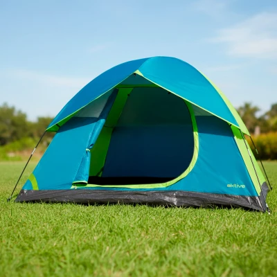 Tienda de Campaña Iglú 4 Personas Doble Techo, 240x210x130 Cm, Verde Fosforito, Azul, Gris y Negro
