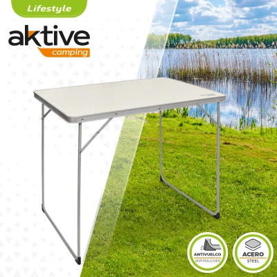 Mesa Plegable de Camping Aktive, Estructura de Acero 9,5 Mm y Tablero MDF, 80x60x70 Cm, Blanco