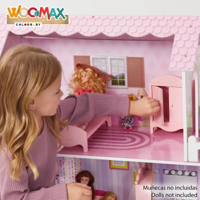 Casa de Muñecas de Madera WOOMAX 3 Plantas, 5 Estancias, 80x31x112 Cm, Rosa