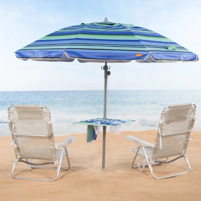 Sombrilla de Playa Antiviento con Pared Desmontable y Mesa Central, 210 Cm, Azul