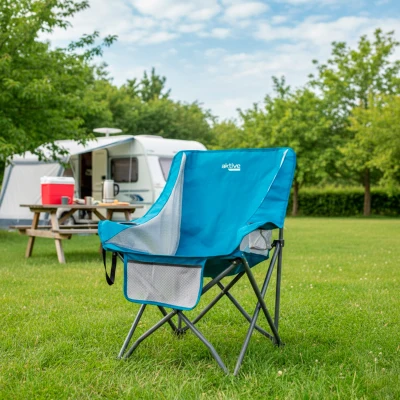 Sillón Plegable de Camping Antivuelco con Posavasos y Bolsillo, 48x50x86 Cm, Azul