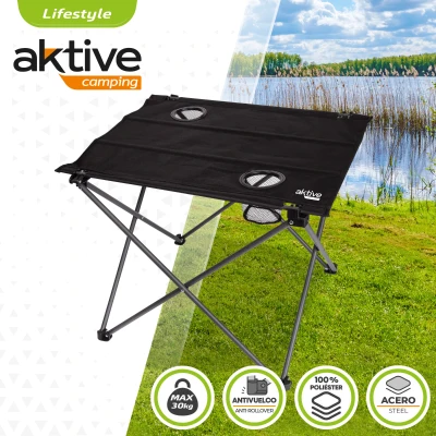 Mesa Plegable Textil para Camping Aktive, 61x50x51 Cm, Negro