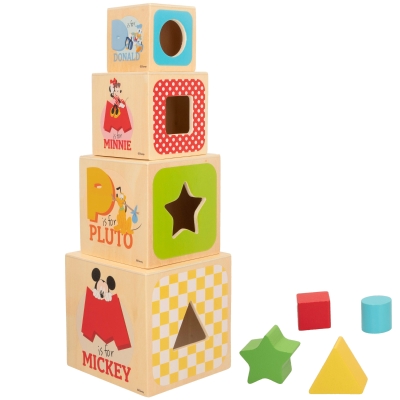 Torre de Cubos de Madera Disney Apilables con Figuras Geométricas, 13x13x23,5 Cm, Multicolor