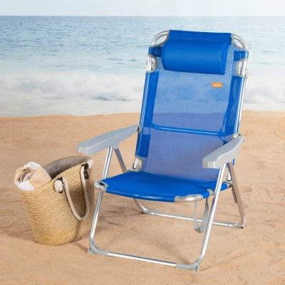 Silla Playera Alta Plegable Multiposición con Cojín, 48x60x90 Cm, Azul