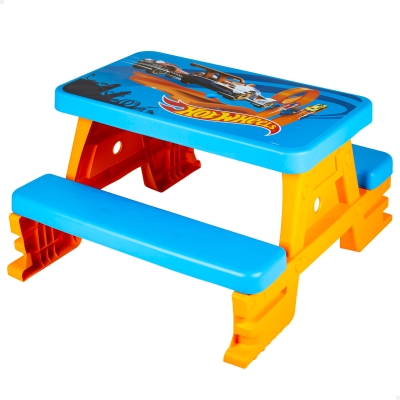 Mesa de Picnic Infantil Hot Wheels con 2 Banquetas Integradas, 69x79x42 Cm, Azul y Naranja