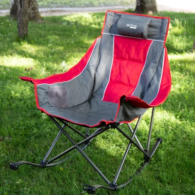 Silla Mecedora Plegable con Cojín y Bolsillos, 32x20x125 Cm, Gris y Roja
