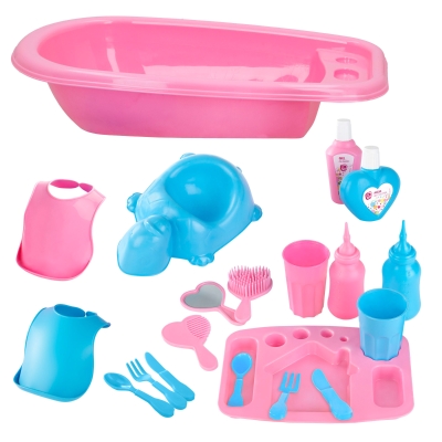 Set Accesorios Bebé para Muñecos 20 Piezas con Bañera, 36x10x36 Cm, Rosa y Azul