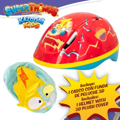 Casco Infantil SuperThings con Funda de Peluche 3D Neon Blast, 20x26x13 Cm, Rojo, Amarillo y Azul
