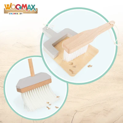 Set de Limpieza Infantil de Madera WOOMAX con Soporte, 23,5x23,5x75 Cm, Azul, Gris y Madera