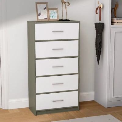 Cómoda Vertical 5 Cajones en MDF y Tela, 58x30x112 Cm, Madera y Blanco