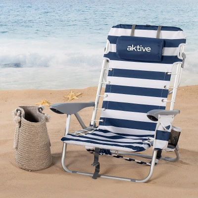 Silla de Playa Plegable Baja 4 Posiciones Cojín Bolsillo Mochila, 50x45x76 Cm, Azul Marino y Blanco