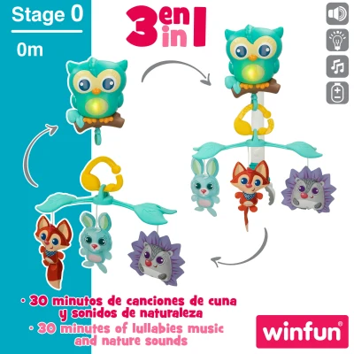 Móvil de Cuna 3 en 1 Musical y Luminoso, 29,5x7x31,5 Cm, Multicolor