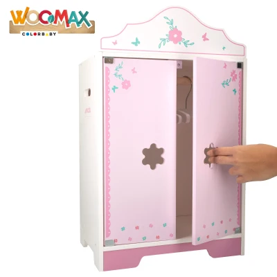 Armario de Muñecas de Madera Woomax, Cierre Magnético, 34x23x55 Cm, Rosa y Blanco