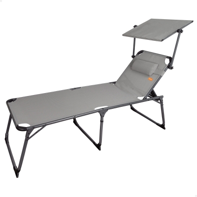 Tumbona Plegable Multiposición XL con Parasol y Cojín, 193x67x48 Cm, Gris