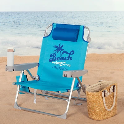 Silla Playa Baja Multiposición con Cojín y Bolso Extraíble, 53x58x80 Cm, Azul