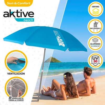Sombrilla de Playa Aktive Antiviento 8 Varillas, 200 Cm, Azul