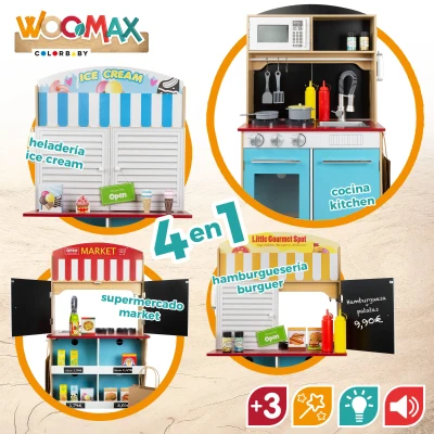 Cocinita Heladería de Madera 2 en 1 con 25 Accesorios, 59,7x39,4x108,6 Cm, Madera Natural