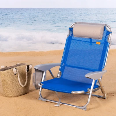 Silla de Playa Aktive Plegable Multiposición con Cojín y Posavasos, 51x45x76 Cm, Azul