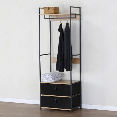 Armario Abierto Estructura Metálica y Cajones Plegables, 60x40x175 Cm, Negro y Madera