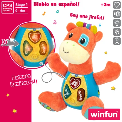 Peluche Jirafa Interactiva Que Habla en Español y Emite Luces, 18x8,5x19 Cm, Naranja