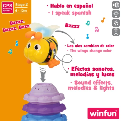 Torre Apilable Musical Abeja Hablante con 10 Flores, 25x10x29 Cm, Multicolor