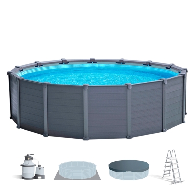 Piscina Desmontable Panel Efecto Madera, 478x124 Cm, Gris Grafito