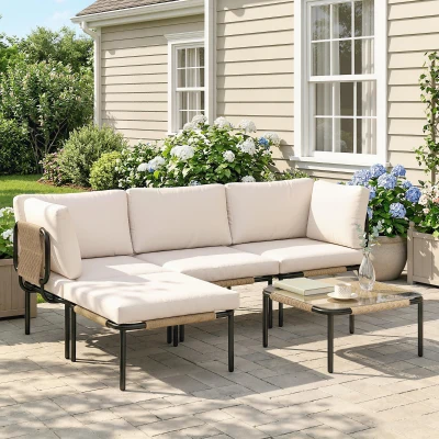 Outsunny Polyrattan Gartenmöbel Set 5-teilig Lounge Set mit 3 Sessel Glastisch Hocker Breit & Tief Sitz abnehmbar Kissen
