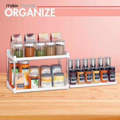 Pack 2 Organizadores de Especias Doble Altura con Bandeja Extraíble, 37,5x19x25,5 Cm, Blanco