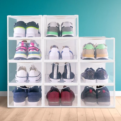 Pack 12 Cajas para Zapatos Apilables Antivuelco, 23x33,5x14,5 Cm, Blanco Semitransparente