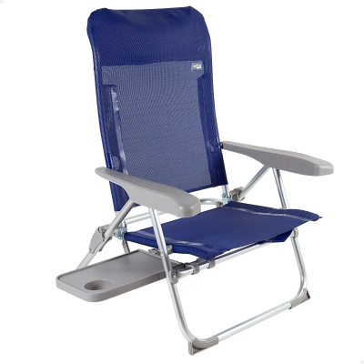 Silla de Playa Plegado Slim con Mesa Extraíble y Cojín, 47x57x89 Cm, Azul Marino