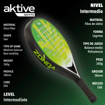 Pala de Pádel Aktive Zonda 2.2 Potencia-Control, 26x47x3,8 Cm, Verde y Negro