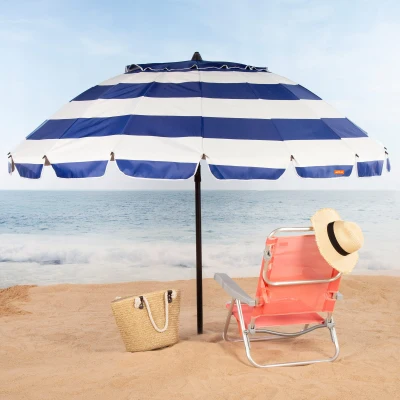 Sombrilla de Playa Antiviento 16 Varillas, Ø240 Cm, Azul y Blanco