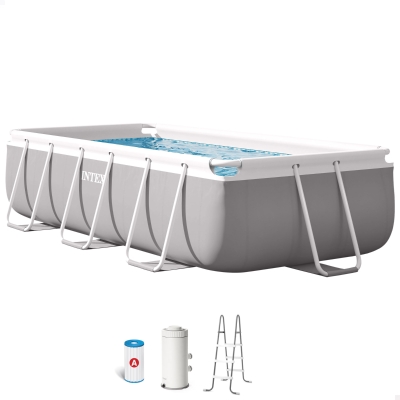 Piscina Elevada Rectangular Prisma Frame INTEX con Depuradora y Escalera, 300x175x80 Cm, Gris Claro