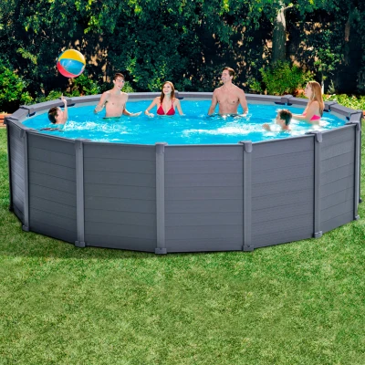 Piscina Desmontable Panel Efecto Madera, 478x124 Cm, Gris Grafito